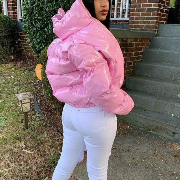 Kadınlar Down Kadınlar Sıradan Moda Uzun Kollu Pu Sıcak Parka Ceket Kış Kırpılmış Parlak Parlak Gümüş Bubble Puffer Ceket Çıkışları Seksi