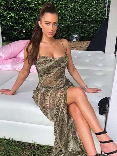 Urban Sexy Vestidos Dulzura Snake Print Chiffon Sexy Mulheres Long Party Slip Maxi Sheer Dress Strap Backless Slit Elegante 2023 Roupas de Outono T231023