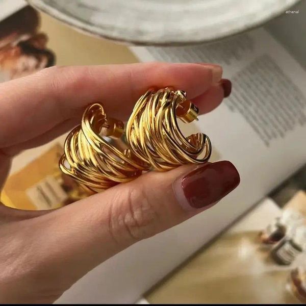 Brincos de parafuso prisioneiro cor de ouro c bobina de enrolamento para mulheres brinco jóias 2023 tendência feminina linha de metal guincho meio redondo