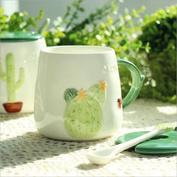 Caffettiere Tazza in ceramica creativa Nordic Fresh Cactus con coperchio Cucchiaio Tazza Carino bicchiere d'acqua Latte Colazione