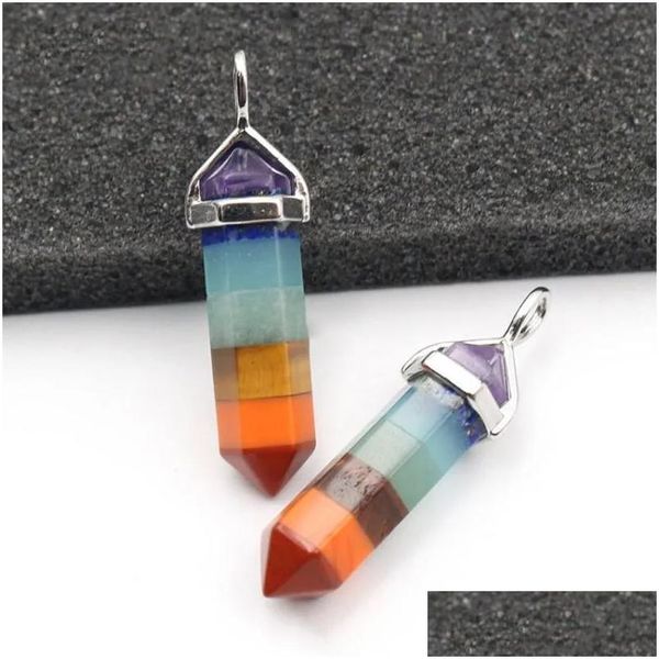 Anhänger Halsketten Reiki Chakra Natürliche Kristall Für Frauen Halskette Sechseckige Heilung Spitz Pendum Regenbogen Geschichteten Quarz Stein Tropfen Dhksp