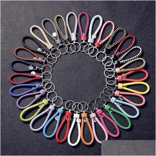 Schlüsselanhänger Lanyards CR Schmuck Neue handgemachte Pu-Leder Schlüsselanhänger geflochtene Schnur Seil Metall Schlüsselanhänger gewebte Kordel Ketten Halter DIY Acces Dhxgm