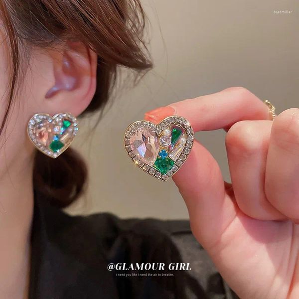 Brincos de garanhão moda strass coração para mulheres coreia design vintage esmeralda pérola personalidade meninas jóias