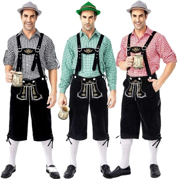 Costume di Halloween Donna Designer Costume Cosplay Colore del prodotto Abbigliamento da festa della birra da uomo tradizionale tedesco Camicia a reticolo Camicia con bretelle ricamate Pantaloni Cappello Set