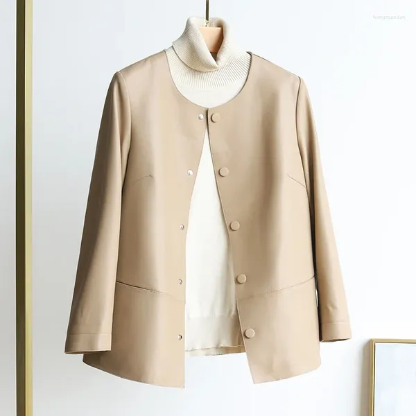 Couro feminino 2023 primavera outono jaqueta genuína moda feminina em torno do pescoço jaquetas soltas de pele carneiro chaqueta de cuero lq