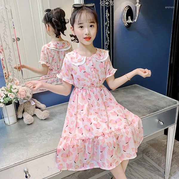 Vestidos de menina coreano roupas infantis 2023 verão vestido de uma peça inchado rosa crianças vestido de verão deslizamento moda meninas