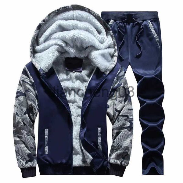 Homens Tracksuits Mens Cordeiro Cashmere Conjuntos Tracksuit Homens Inverno Lã Com Capuz Moletom Grosso Quente Sportswear Masculino Terno Dois Peça Set Casual Conjuntos J231023