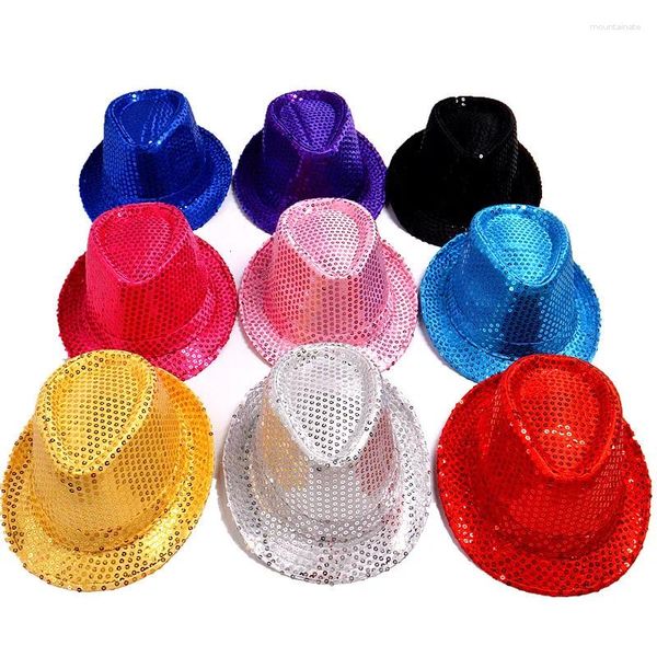 Berets Adulto e Criança Unisex Brilhante Glitter Lantejoulas Chapéu Dança Fedora Kid Cap Sólido Jazz Party Traje 2 Tamanho