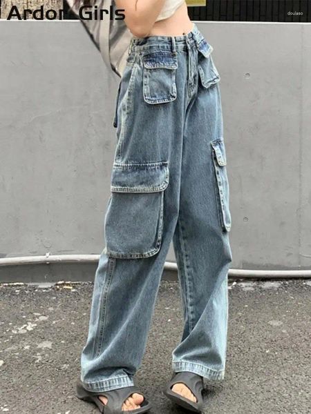 Женские джинсы Y2k Брюки-карго Женские свободные шикарные большие карманы Широкие женские джинсовые брюки 2023 Лето High Street Ретро Синие женские брюки