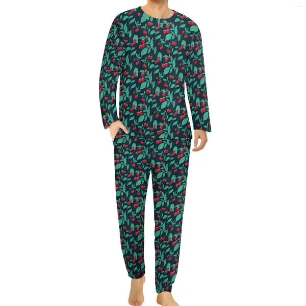 Pijamas masculinos cerejas tomates pijamas mangas compridas frutas impressão 2 peças conjuntos de pijama estético inverno masculino gráfico na moda oversize