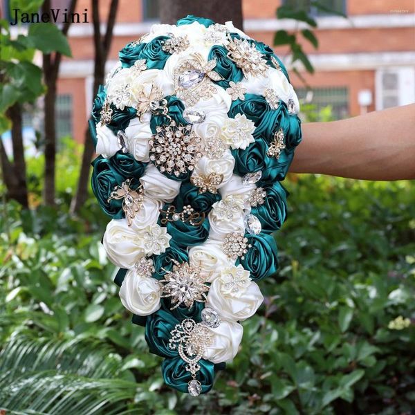 Flores de casamento JaneVini Luxo Strass Cachoeira Buquês De Noiva Verde Escuro Marfim Cetim Rosas Artificial Em Cascata Bouquet Para Noiva