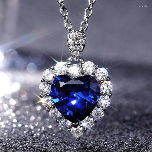 Ожерелья с подвесками, модное романтическое ожерелье с синим сапфиром в форме сердца для женщин, свадебное ожерелье на день святого Валентина, ключица