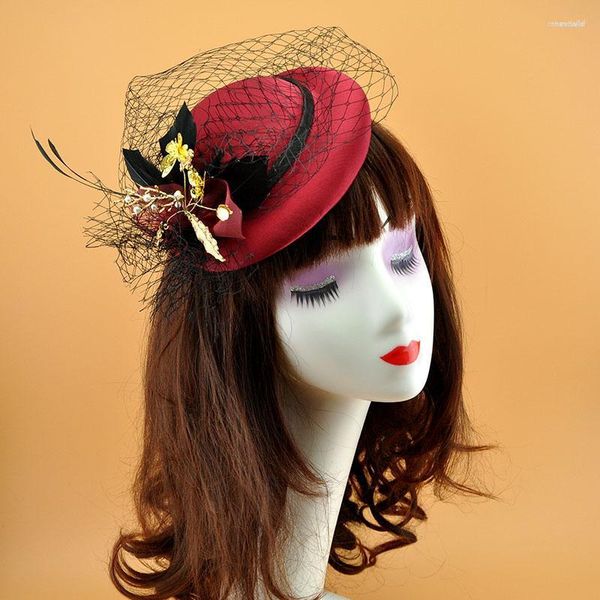 Berretti Elegante vino rosso Fascinator Cappello Cocktail Festa nuziale Copricapo Copricapo Accessori per capelli Fascinatori