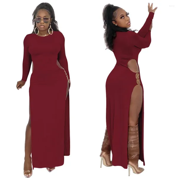 Casual Kleider Herbst Mode Einfarbig Kleid Frauen Sexy Rundhals Langarm Hohl Split Wrap Hüfte Nachtclub Slim fit