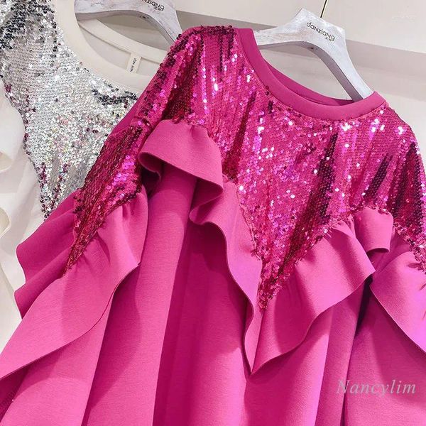 Hoodies femininos bordados pesados lantejoulas moletom primavera solto pulôver babados all-match topo moda rosa rosa 2023