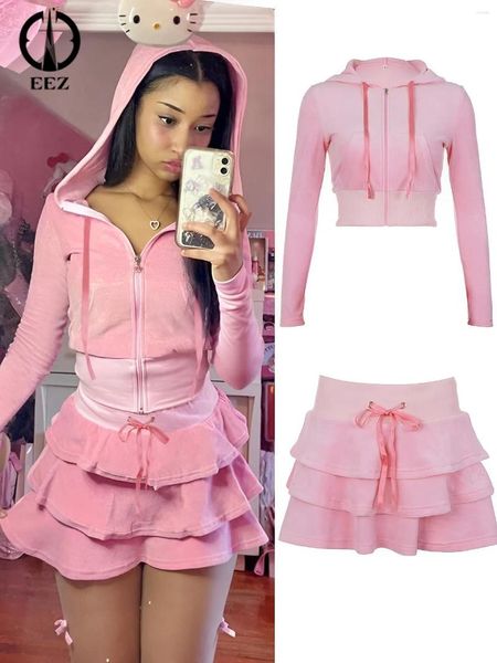 Giacche da donna Y2K Giacca corta con cerniera rosa Dolce donna Felpe con cappuccio e gonna a strati Kawaii Girl Outfit Autunno Inverno Casual Coquette