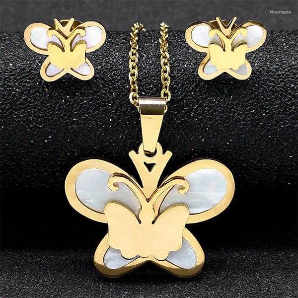 Комплект ожерелья и серег с эстетичной бабочкой для женщин в виде ракушки из нержавеющей стали золотого цвета, аксессуары для женщин SXS07