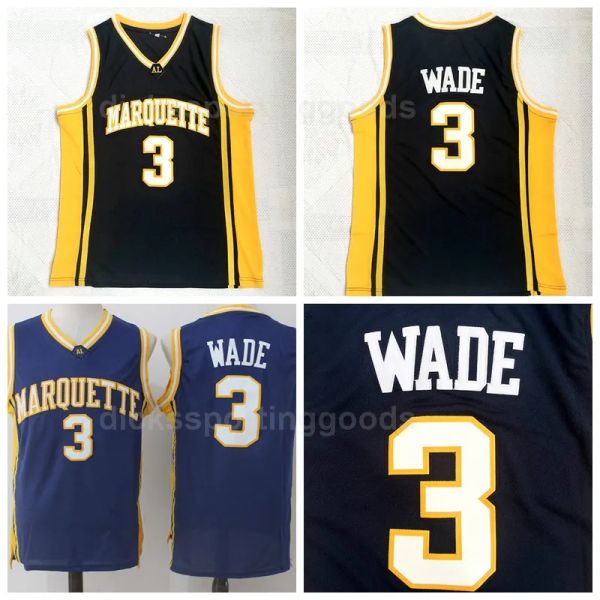 Personalizado NCAA College Basketball Dwyane 3 Wade Jersey Men University Marquette Golden Eagles Jerseys Cor da equipe Preto Azul para fãs do esporte Alta