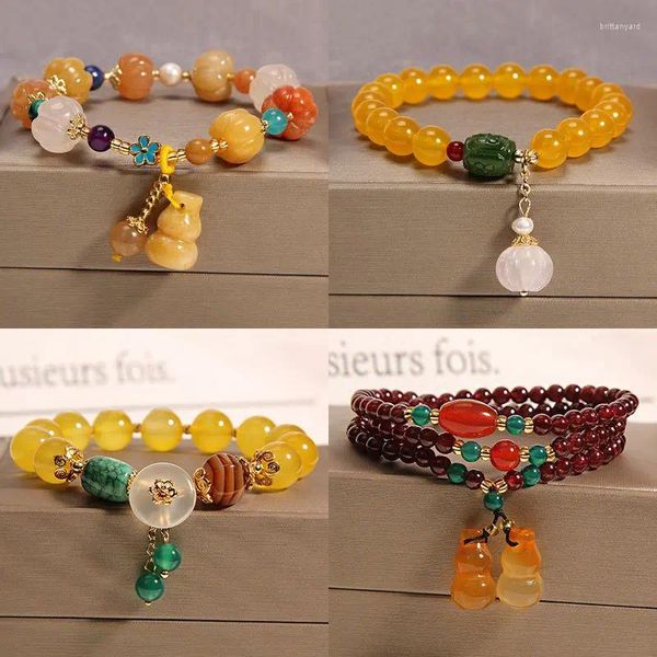 Charme Pulseiras Moda Seda Dourada Jade Abóbora Frisada Cabaça Mão Natureza Pedra Mulher Pulseira Jóias