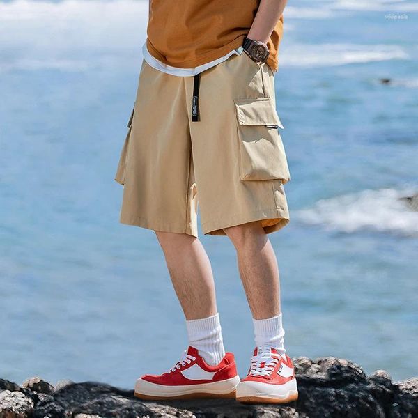 Männer Shorts Japanische Multi-Pocket Snap Bund Cargo Sommer Flut Lose Große Größe Gerade Knie Länge Kurze Hosen