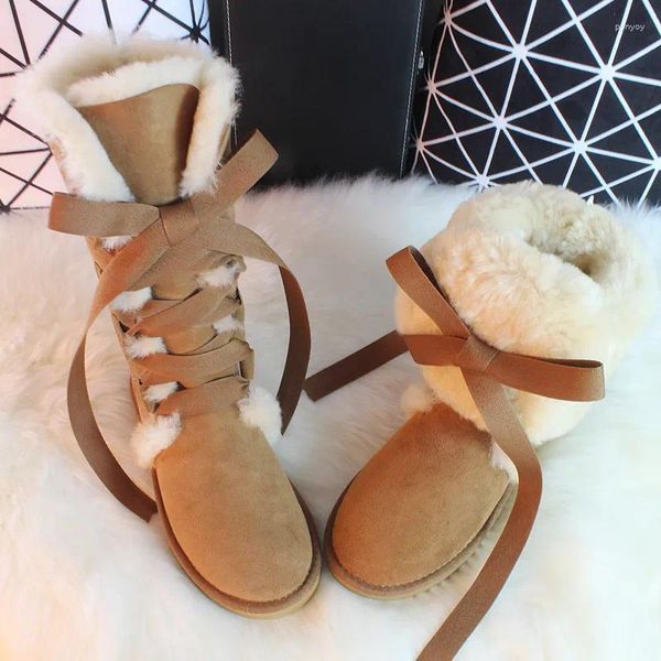 Botas Gzaco Luxo Pele de Carneiro Joelho-Alto Inverno 2023 Lace Bow Neve Natural Lã Pele Genuína Sapatos Femininos