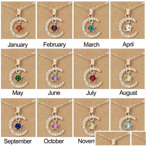 Colares Pingente Estilo Lua Estrela Birthstone Colar Cartão De Desejo Para Mulheres Cristal Cor De Ouro Clavícula Cadeia Mãe Aniversário Jóias Gif DHSGX