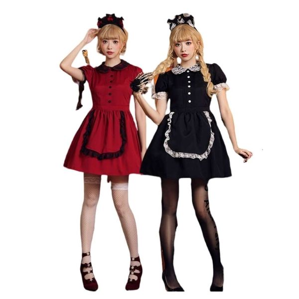 Traje de halloween feminino designer cosplay traje trajes de halloween vermelho preto renda magro mal castelo empregada cosplay roupas enviar morcego cocar