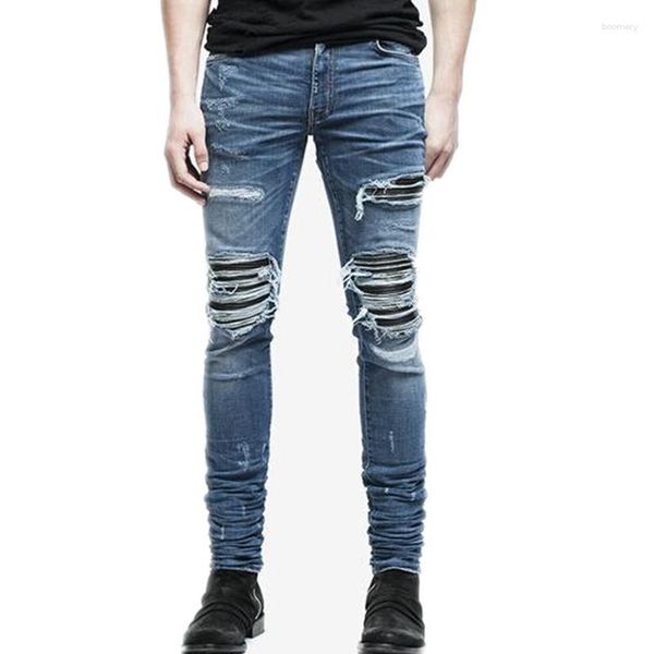Jeans masculinos atacado-homens verão rasgado motociclista magro destruído desgastado slim fit calças jeans lápis moda regular
