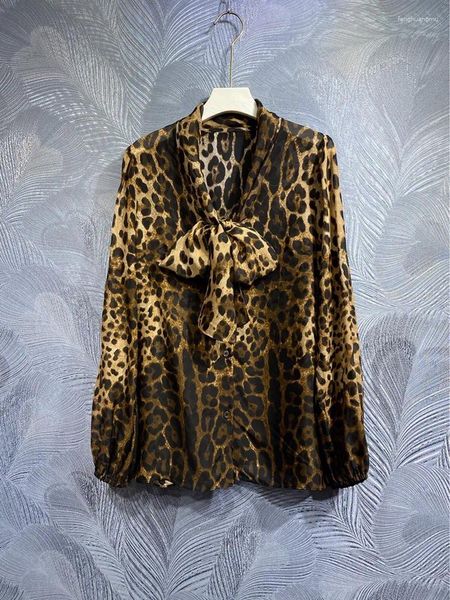 Женские блузки, шелковая рубашка, весенне-осенняя женская однобортная рубашка с леопардовым принтом, шарф с воротником и длинными рукавами, уличные ноутбуки