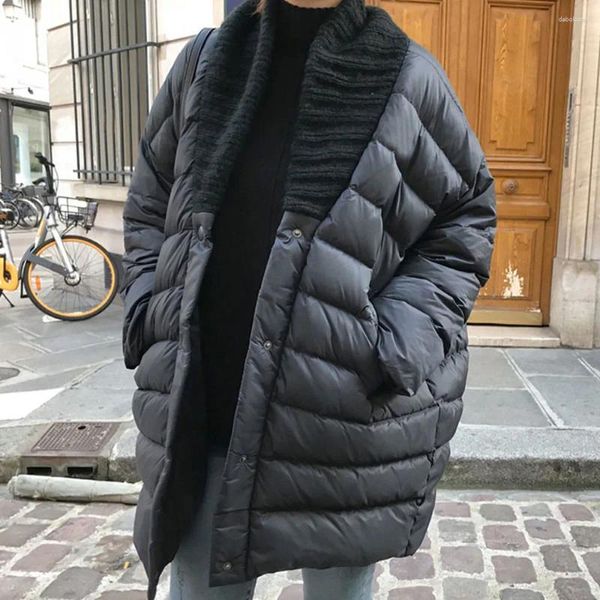 Jaqueta acolchoada de algodão feminina, jaqueta quente preta de inverno 2023, parkas, estilo coreano, gola com decote em v, sobretudo solto