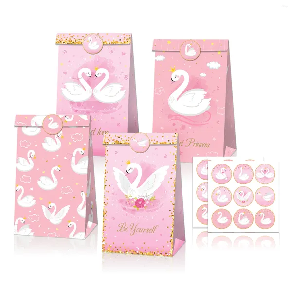 Confezione regalo LB182 12 pezzi dolce ragazza cartone animato animale corona cigno festa di compleanno imballaggio di caramelle sacchetti di carta kraft fiori baby shower