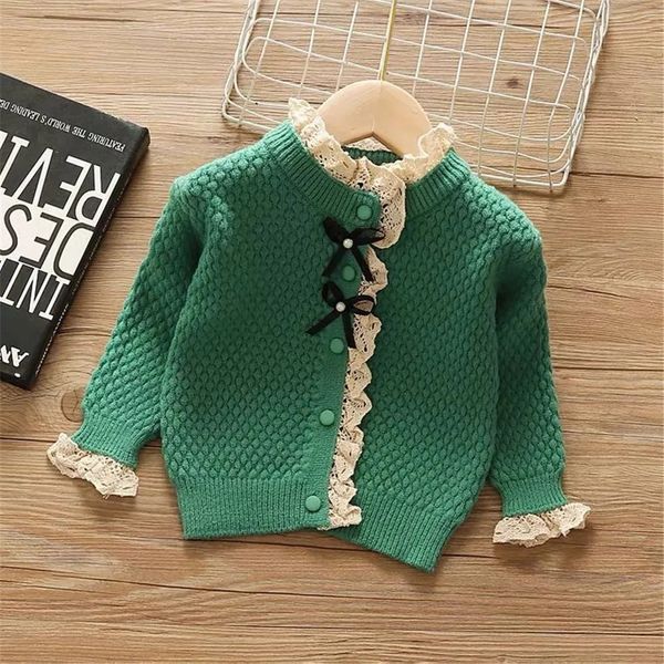 Strickjacke Ankunft Kinder Herbst Winter Pullover Koreanischen Stil Kinder Mädchen Gestrickte Spitze Bogen Nähte 12M 6Y 231021