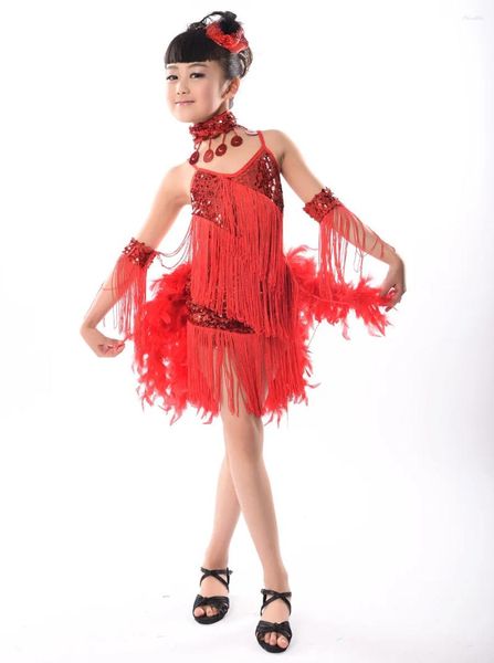 Palco desgaste meninas dança latina desempenho traje lantejoulas pena borla moderna