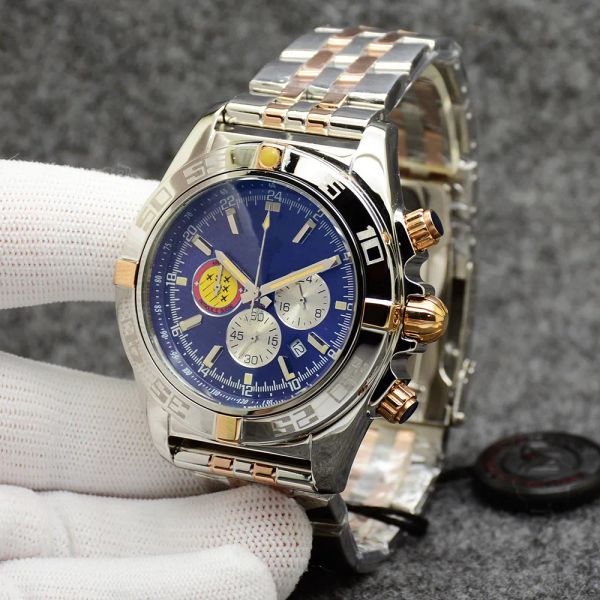 Высочайшее качество Chronomat Patrouille Air Watch Качественный хронограф Navitimer Кварцевый двухцветный синий циферблат Мужские наручные часы в честь 50-летия со стальным ремешком