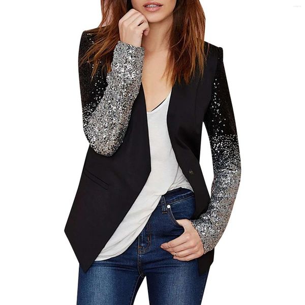 Abiti da donna Giacca a maniche lunghe patchwork in paillettes con colletto rialzato in pelle