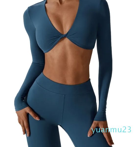 Completo da yoga da donna a maniche lunghe, leggero, a compressione, corto, T-shirt, tinta unita, allenamento in palestra, corsa, sport