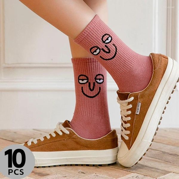 Damensocken, 10 Paar, süßer lustiger Stil, verschiedene Ausdrücke, weich, atmungsaktiv, Damen-Rundsocken, Modetrend, personalisierbar, Sport