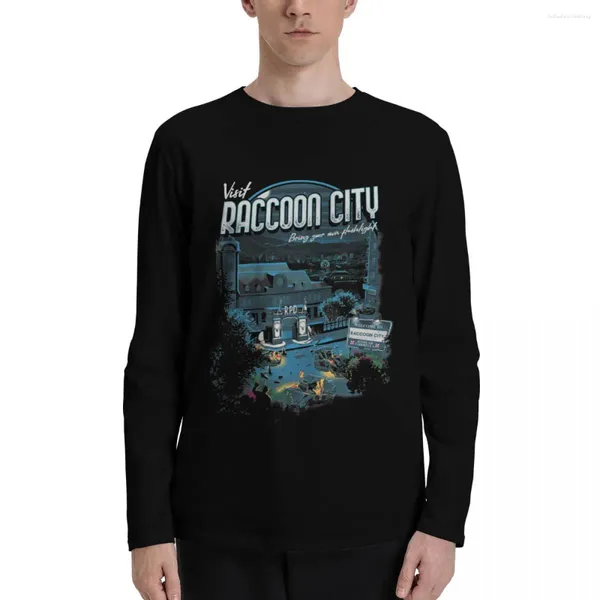Polos masculinos visitam Raccoon City camisetas de manga comprida moda coreana meninos estampa animal camisa masculina alta camisetas