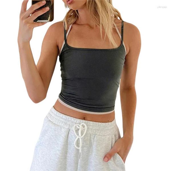 Tanques femininos Y2K Crop Top Verão Mulheres Casual Contraste Cor Spaghetti Strap Sem Mangas Halter Camisole Colete Básico 2000s