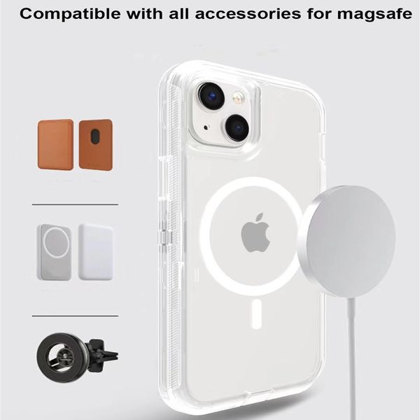 Capa magnética transparente robusta e luxuosa para iphone 15 Pro Max 14 13 12 Armadura à prova de choque Defender Magsafe Case Tpu PC magnética 3 em 1 capas resistentes