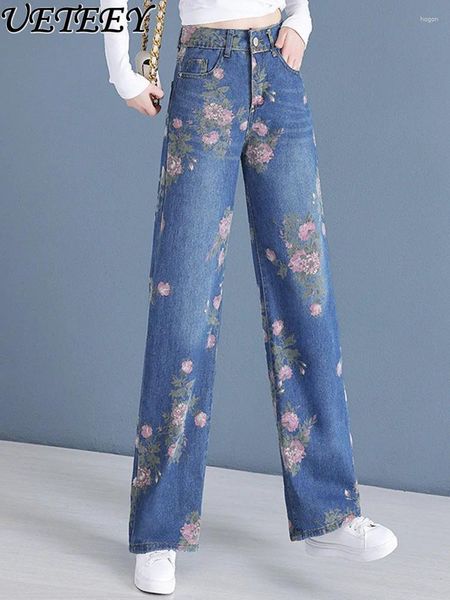 Calças de brim femininas moda nacional estilo retro floral reto baggy 2023 verão cintura alta solta azul calças largas perna