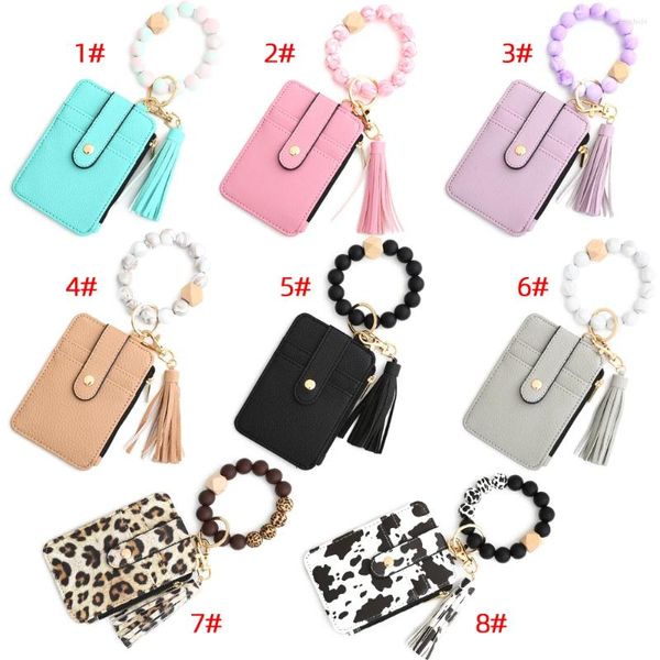 Card Holders 2023 Fashion Multifunctional Pattern Bag Pu Leather Coin Purse Women Silicone Bead Bangle Keychain