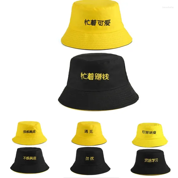 Berets 2023 algodão dupla face preto amarelo bordado balde chapéu pescador viagem ao ar livre sol boné chapéus para homens e mulheres