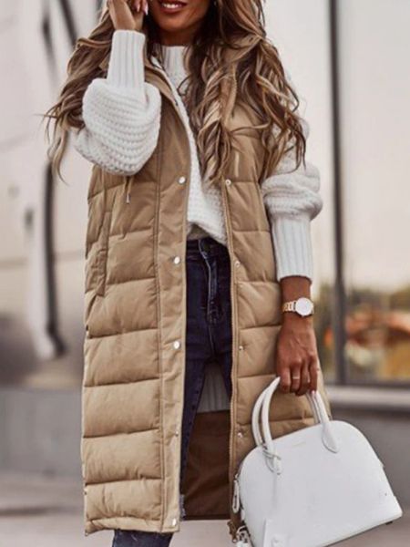 Gilet lungo invernale con cappuccio Elegante piumino monopetto Giacca ampia senza maniche Gilet da strada alla moda Casual caldo