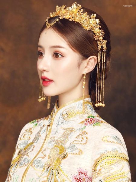 Haarspangen Xiuhe Kleid Kopfbedeckung Braut Hochzeit Fengfeng Krone Stirn Drop Hoop Chinesische einfache Longfeng Show Quaste Schmuck Zubehör