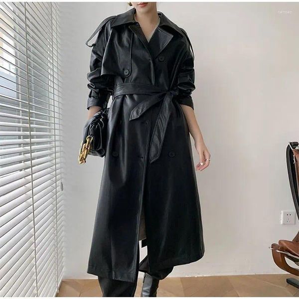 Kadın Ceketleri Kadın Moda Uzun Deri Ceket 2023 Sonbahar Kış Kavurlu Cadde High Street Kadın Şık Ceket Kemeri Çifte Göğüslü Vintage Pu