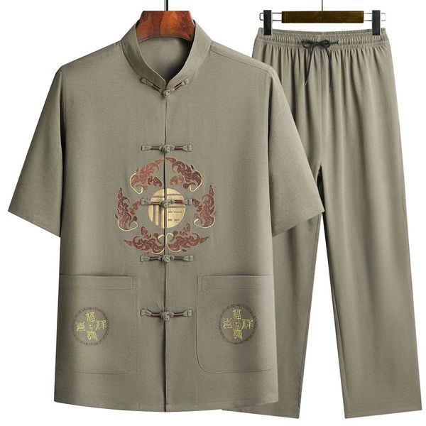 Tute da uomo stile cinese Tang Suit Set manica corta pantaloni lunghi Tradizione Drago Ricamo Kung Fu Raso di seta Wu Shu Tai Chi Set 231023