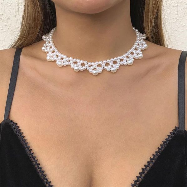 Anhänger Halsketten Vintage Französisch Künstliche Perle Gewebte Spitze Quasten Kette Halskette Für Frauen Weibliche Mode Multiayer Hohl Choker Schmuck