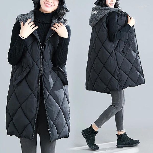 Feminino para baixo colete coreano acolchoado lã de cordeiro com capuz algodão-acolchoado jaqueta roupas outono inverno casacos quentes longos parkas wasitcoats d713