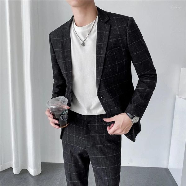 Ternos masculinos cavalheiro elegante (calças de terno) terno verificação tendência casual negócios bonito magro vestido britânico de duas peças